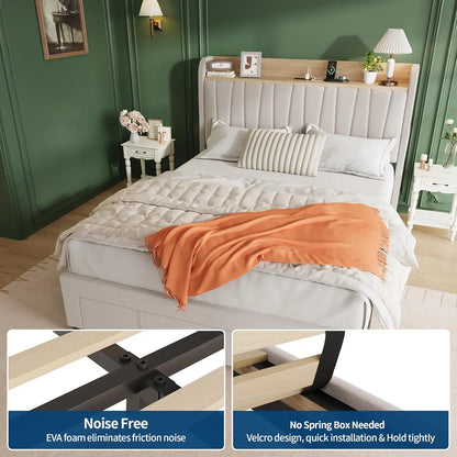 Queen Size Upholstered Platform Bed Frame with Storage Drawers