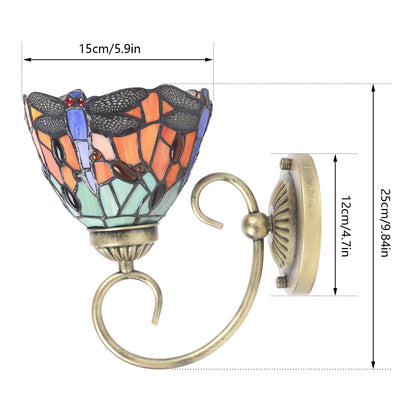 Stained Glass Wall Light, Retro Dragonfly Design With E27 Bulb Holder, Iron & Multicolor Glass Sconce