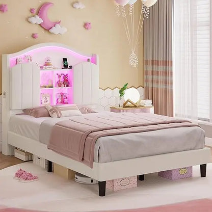 Girls Twin Size Bed Frame with 4 Drawers for Hidden Storage and Headboard