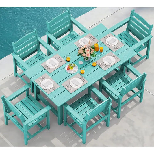 7-Piece Outdoor Patio Dining Set with Umbrella Hole, Weather-Resistant HDPE Furniture for Garden, Lawn, Poolside