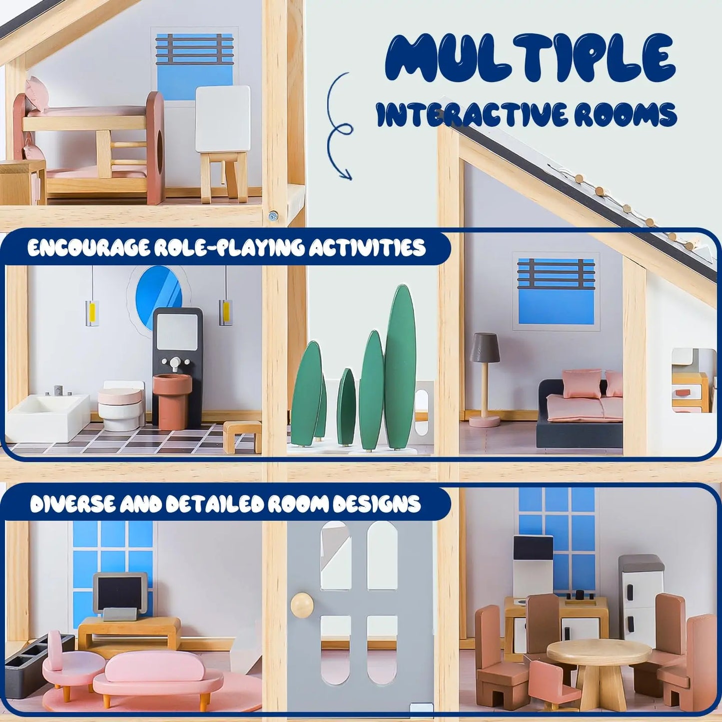 Large Wooden Dollhouse Kit with Realistic Furniture Design