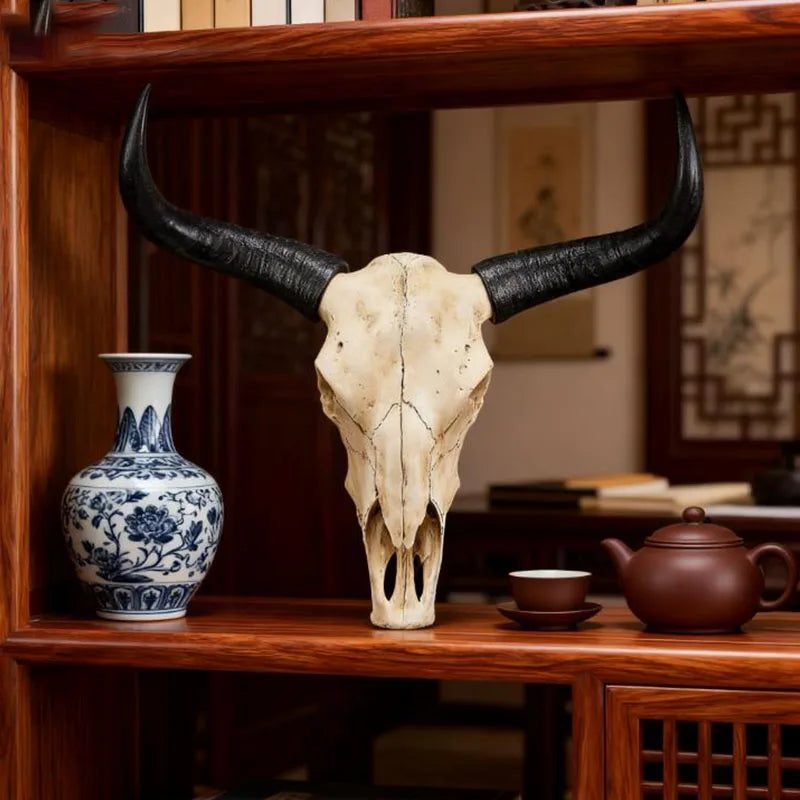Long Horn Bull Skull Decor with Curved Horns and Natural Bone for Western Rustic Wall Art Interior Design