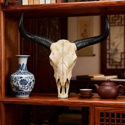Long Horn Bull Skull Decor with Curved Horns and Natural Bone for Western Rustic Wall Art Interior Design