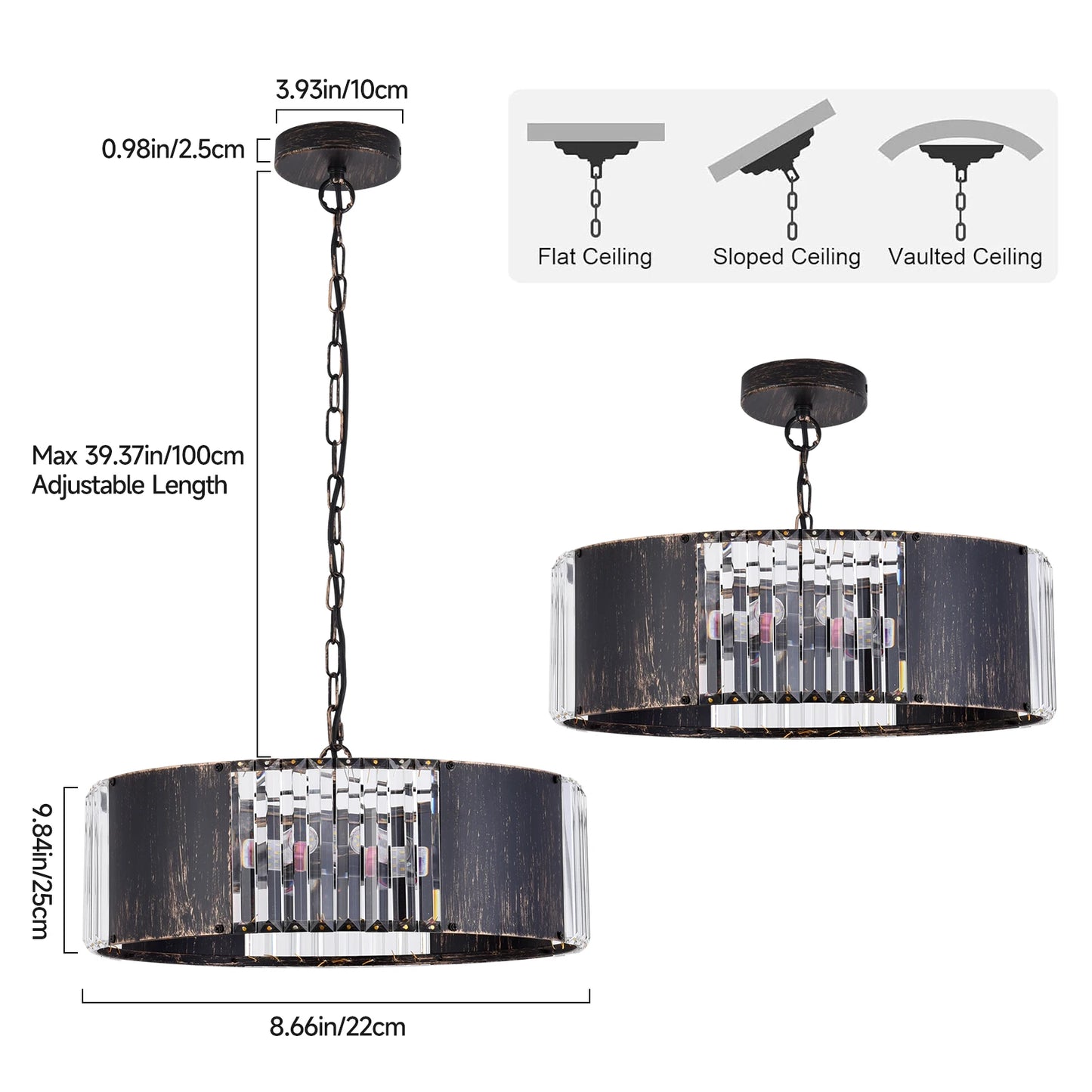 Luxury Black Crystal Modern Pendant Hanging Ceiling Lamp Chandelier