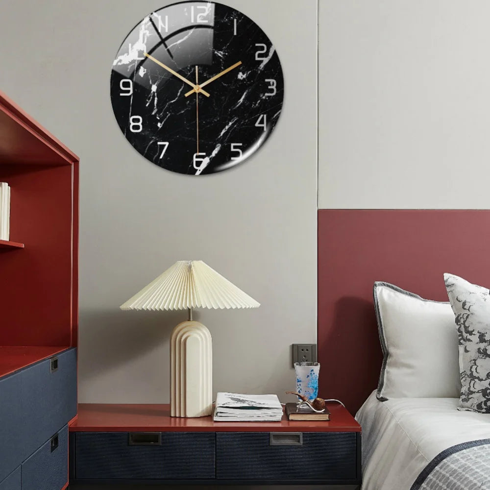 Luxury 3D Acrylic Black and Gold Marble Pattern Wall Adhesive Clock With Metal Needles Decor
