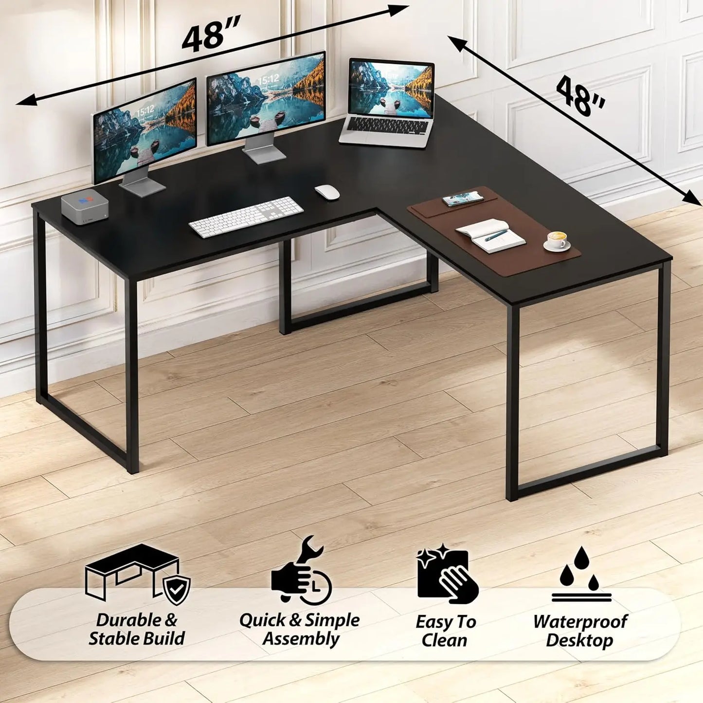 48x48 Inch L-Shape Home Office Computer Desk, Black - Space-Saving Design