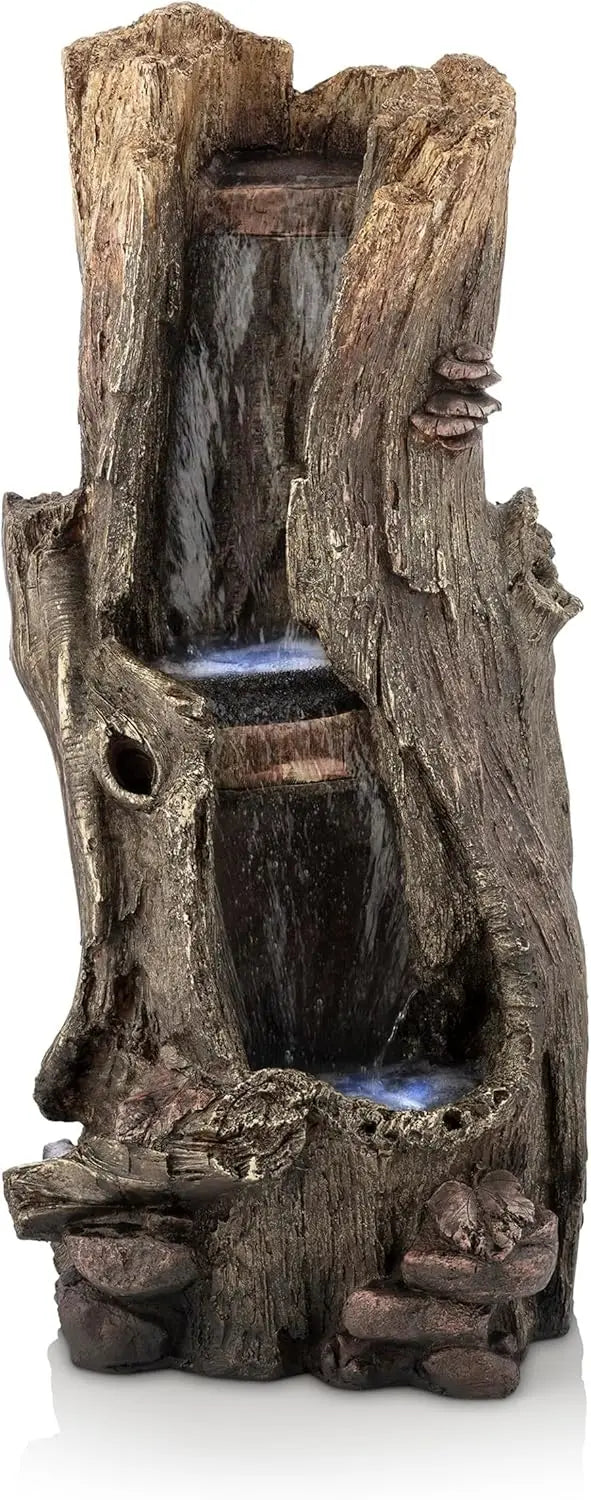 Outdoor Rainforest Tree Trunk Waterfall Floor Fountain with LED Lights, Garden Décor, 41" H, Brown
