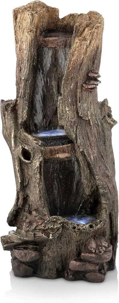 Outdoor Rainforest Tree Trunk Waterfall Floor Fountain with LED Lights, Garden Décor, 41" H, Brown