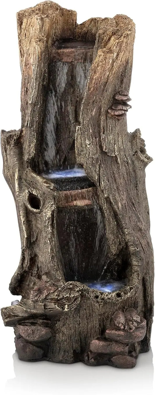 Outdoor Rainforest Tree Trunk Waterfall Floor Fountain with LED Lights, Garden Décor, 41" H, Brown