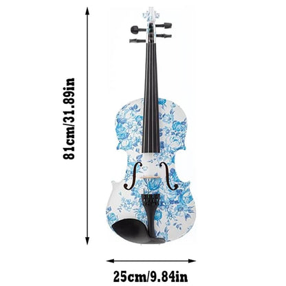4/4 Blue White Floral Art Violin with Case Bow Rosin & Shoulder Rest