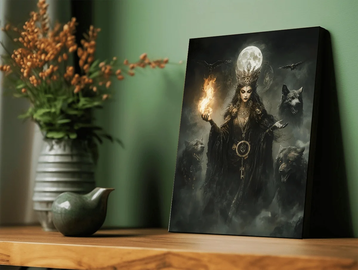 Dark Gothic Fantasy Hecate Canvas - Pagan Magic Goddess Poster Waterproof Wall Art, Oil Painting Style, Gift