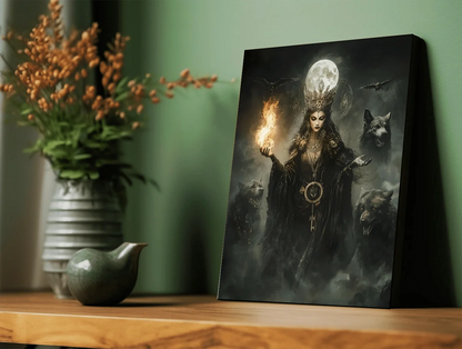 Dark Gothic Fantasy Hecate Canvas - Pagan Magic Goddess Poster Waterproof Wall Art, Oil Painting Style, Gift