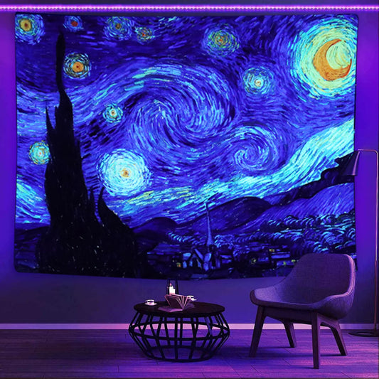 Starry Night Blacklight Tapestry by Van Gogh Wall Art for Bedroom Aesthetic