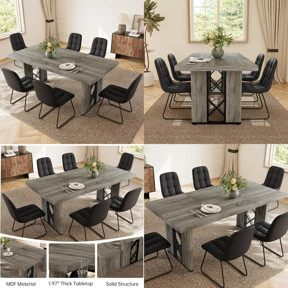 Space-Saving 7-Piece Dining Set for 6-8 People, 70.8 MDF Table with 6 Upholstered Chairs