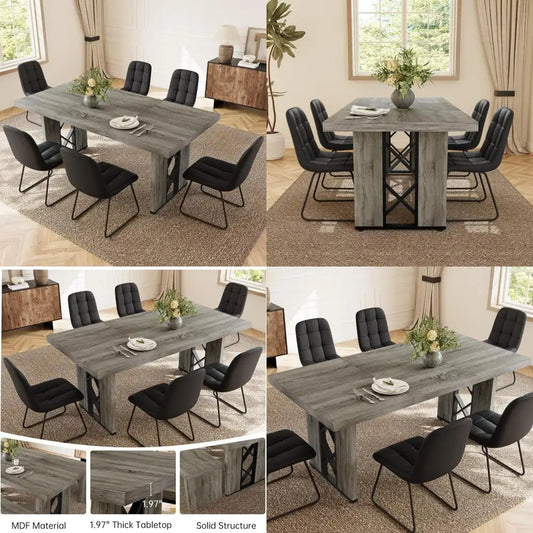 Space-Saving 7-Piece Dining Set for 6-8 People, 70.8 MDF Table with 6 Upholstered Chairs