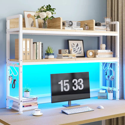 45.2" Desk Shelf with LED Lights and Hooks, 2-Tier Adjustable Multipurpose Solid Wood Desk Hutch Dorm, Desktop