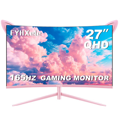 27 inch Curved Pink Monitor QHD 165hz 1800R Gaming Display HDR10 Free-Sync Desktop Screen 1ms GTG  With Speakers Tilt Adjustable