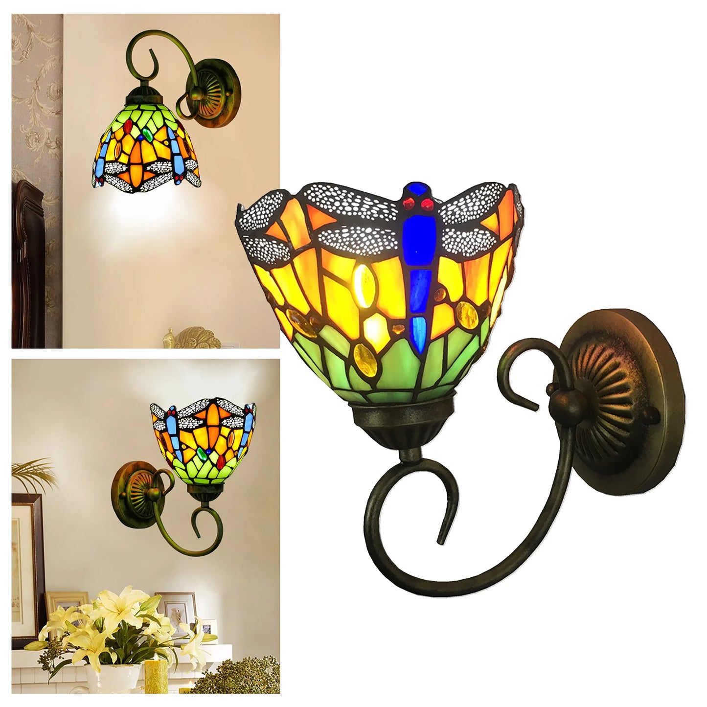 Stained Glass Wall Light, Retro Dragonfly Design With E27 Bulb Holder, Iron & Multicolor Glass Sconce