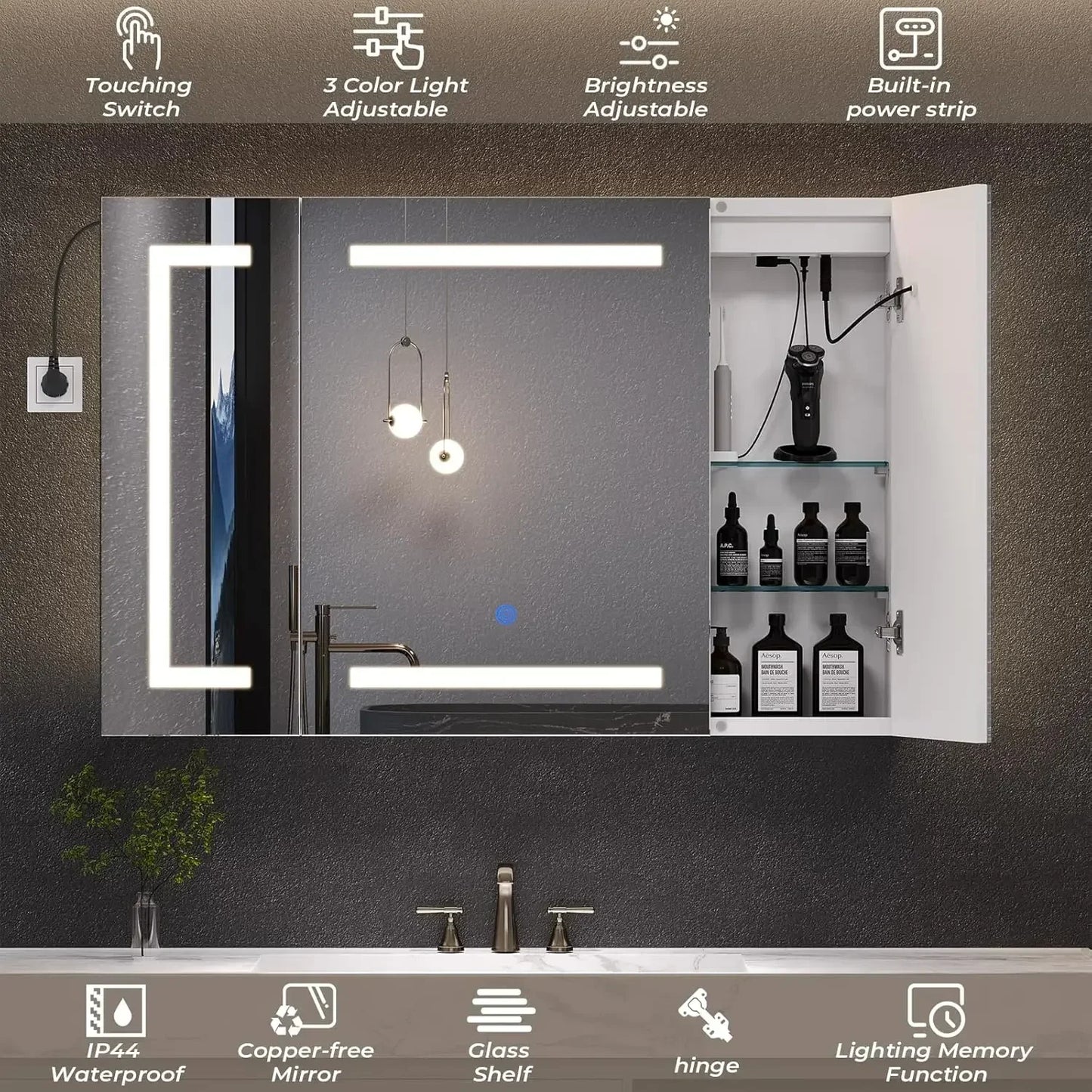 Lighted Medicine Cabinet with Mirror and Storage, 3 Doors, 39.4'' x 23.6''