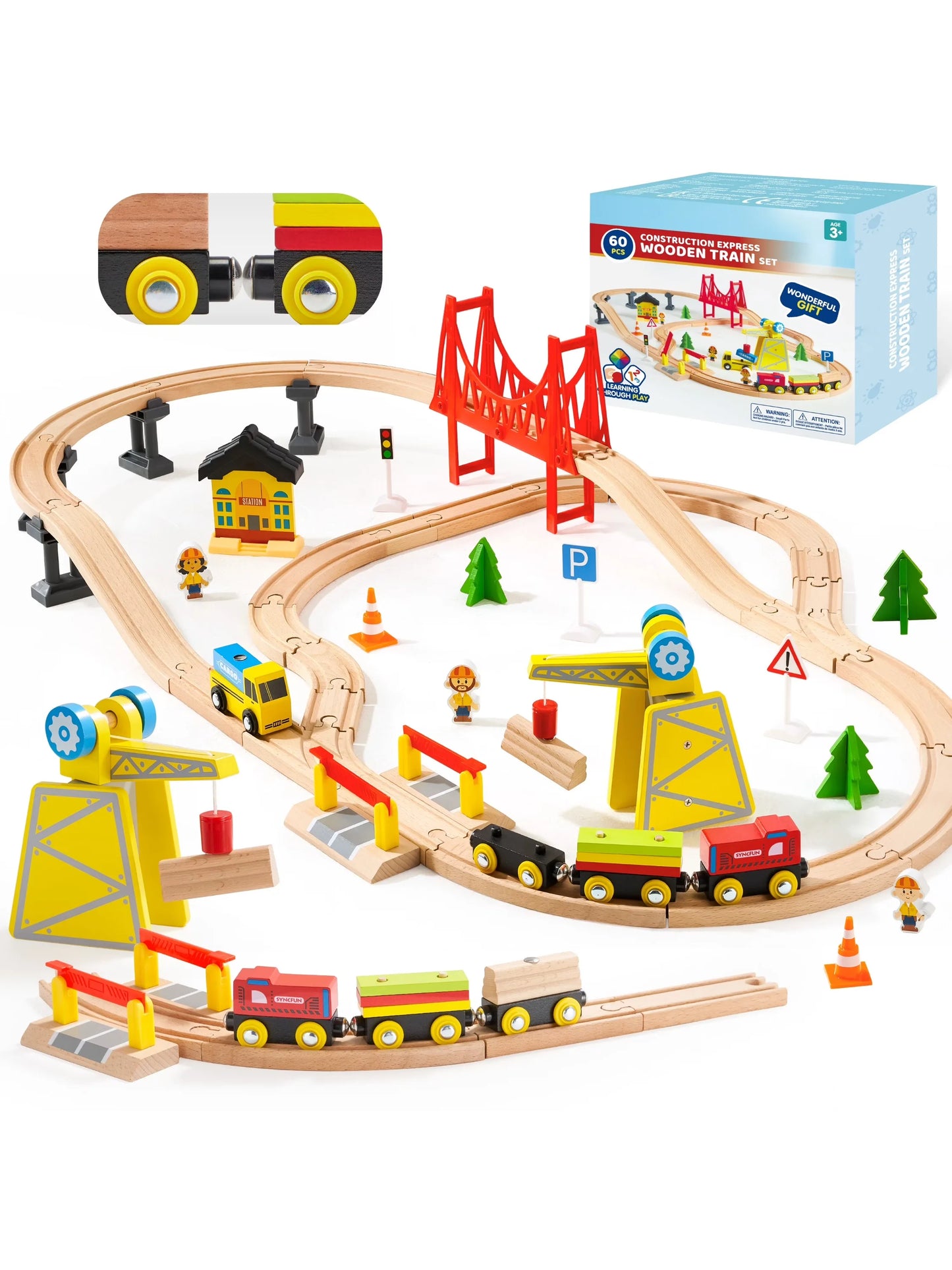 60 Pcs Kids Train Toy With Wooden Tracks & 6 Magnetic Trains Expandable Train Set for Toddlers