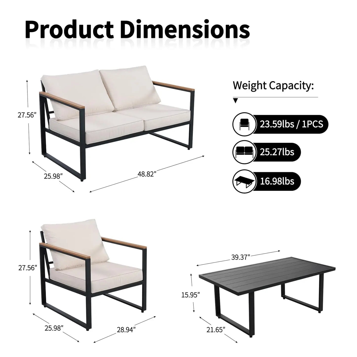 Outdoor Patio 4-Piece Set, Metal Conversation Sofa With Washable Cushions, 2 Chairs & Coffee Table For Garden Balcony