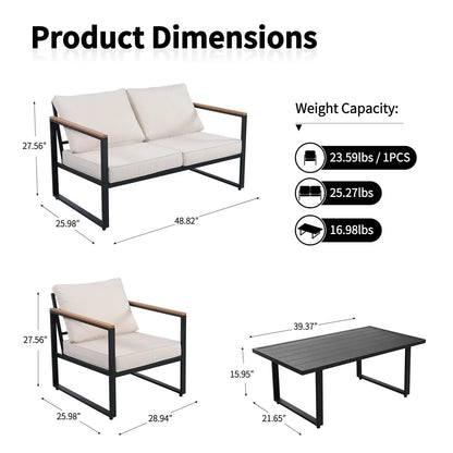 Outdoor Patio 4-Piece Set, Metal Conversation Sofa With Washable Cushions, 2 Chairs & Coffee Table For Garden Balcony
