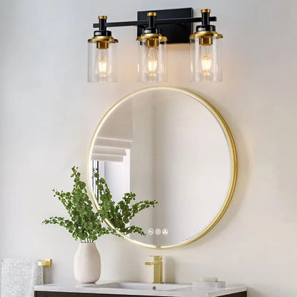 Black and Brushed Gold Vanity Light Fixture Over Mirror Style