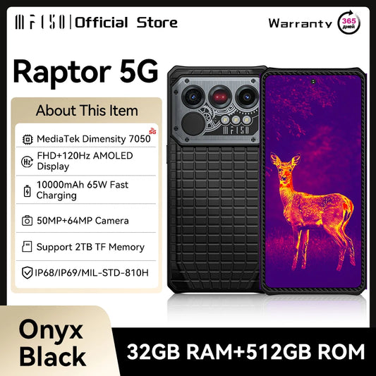 Raptor 5G Rugged Smartphone Android 14, 6.78'' 120Hz AMOLED Display 16GB+512GB 50MP 10000mAh 65W