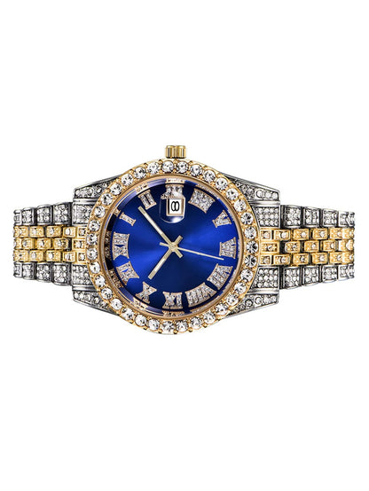 Luxury Blue Dial Roman Numeral Crystal-Embellished Quartz Watch for Women