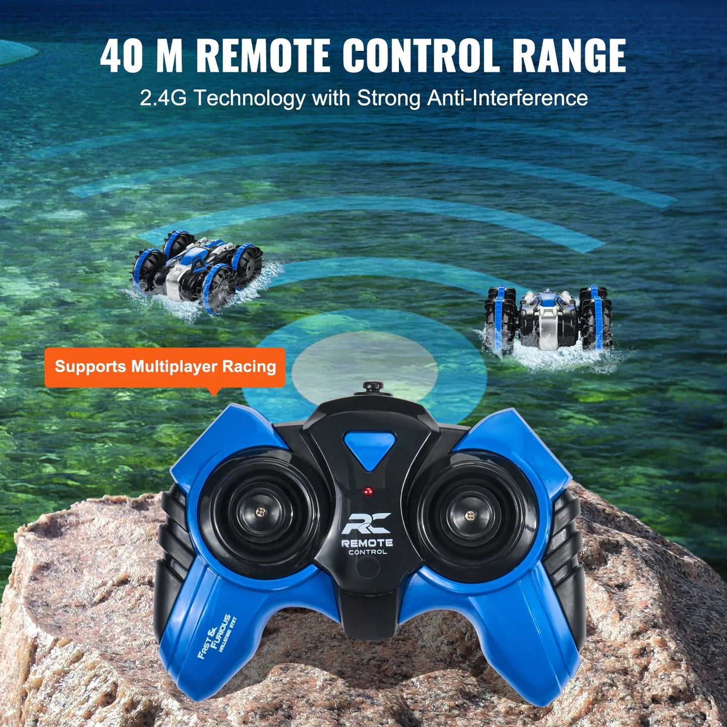 Blue/Yellow Amphibious RC Car/Boat 2.4GHz 12 km/h 360° Rotating Stunt Car Water Beach Pool Toy