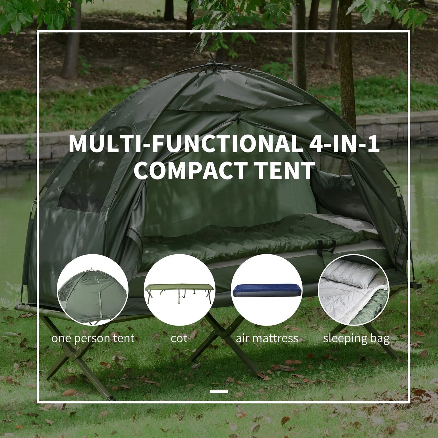 All in One Camping Tent-Cot Combo with Air Mattress, Pump and Sleeping Bag