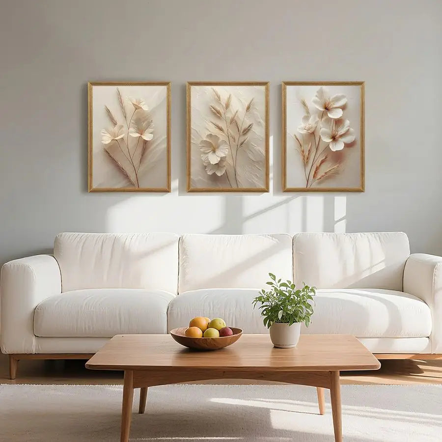 3 pcs Framed Neutral Beige Floral Canvas Wall art