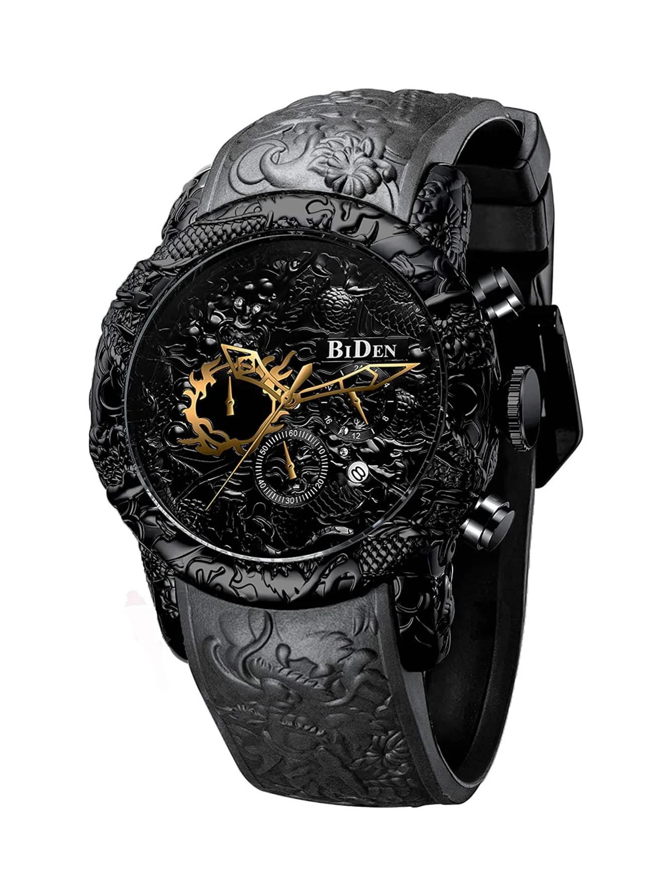 Men's Large Dial Chronograph Waterproof Quartz Watch, with 3D Carved Dragon Design