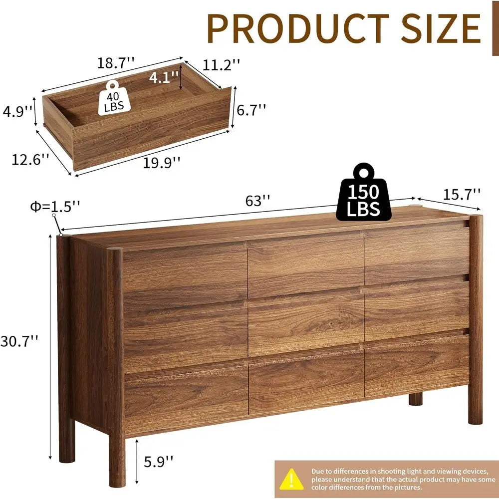 Mid-Century 63 inch wide Chest of Drawers with 9 Drawers and 4 Wooden Legs for Bedroom Storage