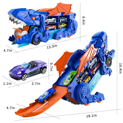 Blue Track Set Devour Dinosaur Transporter Truck With 10 Die-Cast Car Toys