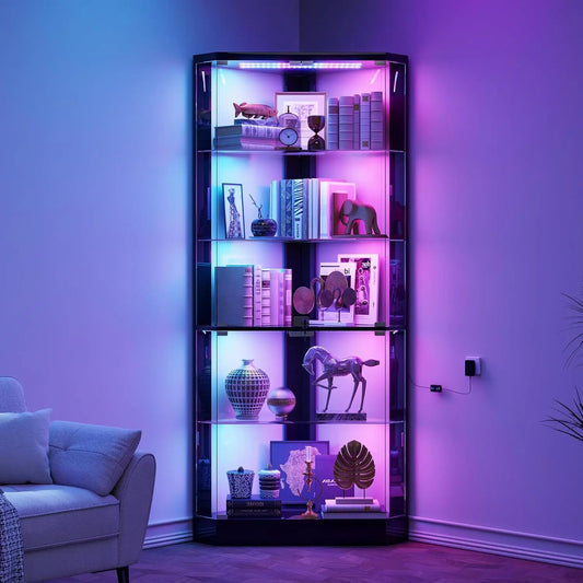 Corner Display Cabinet with RGB Lights, 5-Tiers Curio Cabinet Display Case with Lock,69" Tall