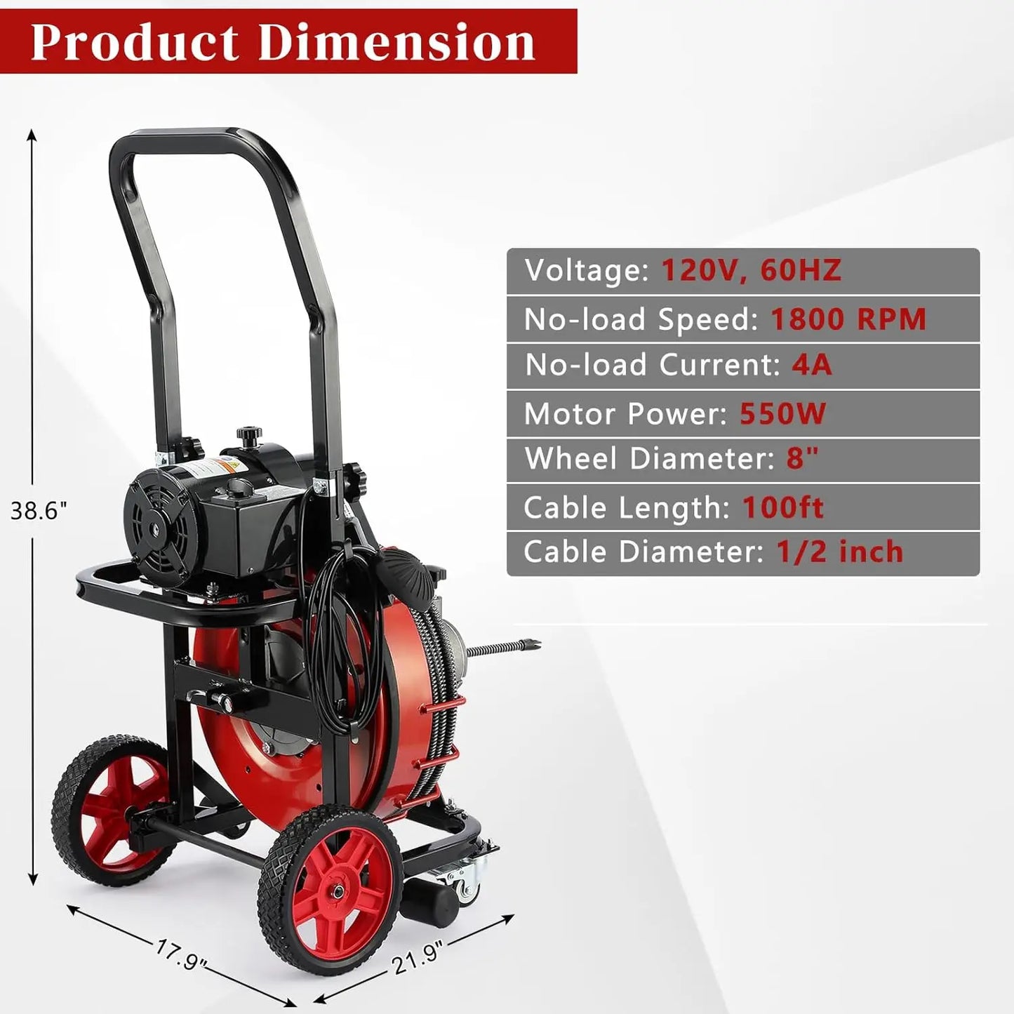 Drain Cleaner Machine 100 FT, With Auto Feed and 4 Cutters