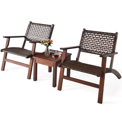 3 Pieces Solid Eucalyptus Wood Frame Outdoor Wicker Furniture Bistro Set with Coffee Table, Rattan Furniture