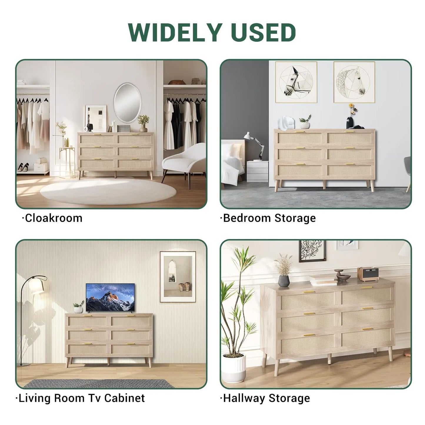 47.2" Rattan 6 Drawer Dresser With Gold Handles Large Storage Dresser For Bedroom