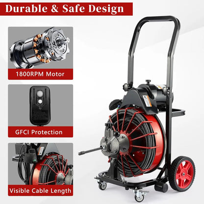 Drain Cleaner Machine 100 FT, With Auto Feed and 4 Cutters