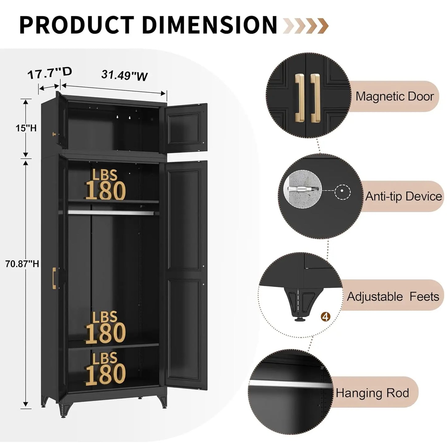 86" Metal Wardrobe Cabinet, Black Armoire Wardrobe Closet with Hanging Rod, Clothes Storage Cabinet