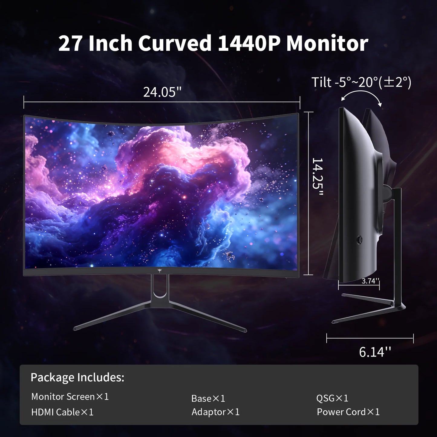 27" Curved Gaming Monitor, 1440P QHD 144Hz 120Hz Monitor 1500R HVA Panel, HDR400, Adaptive Sync, 400 nits