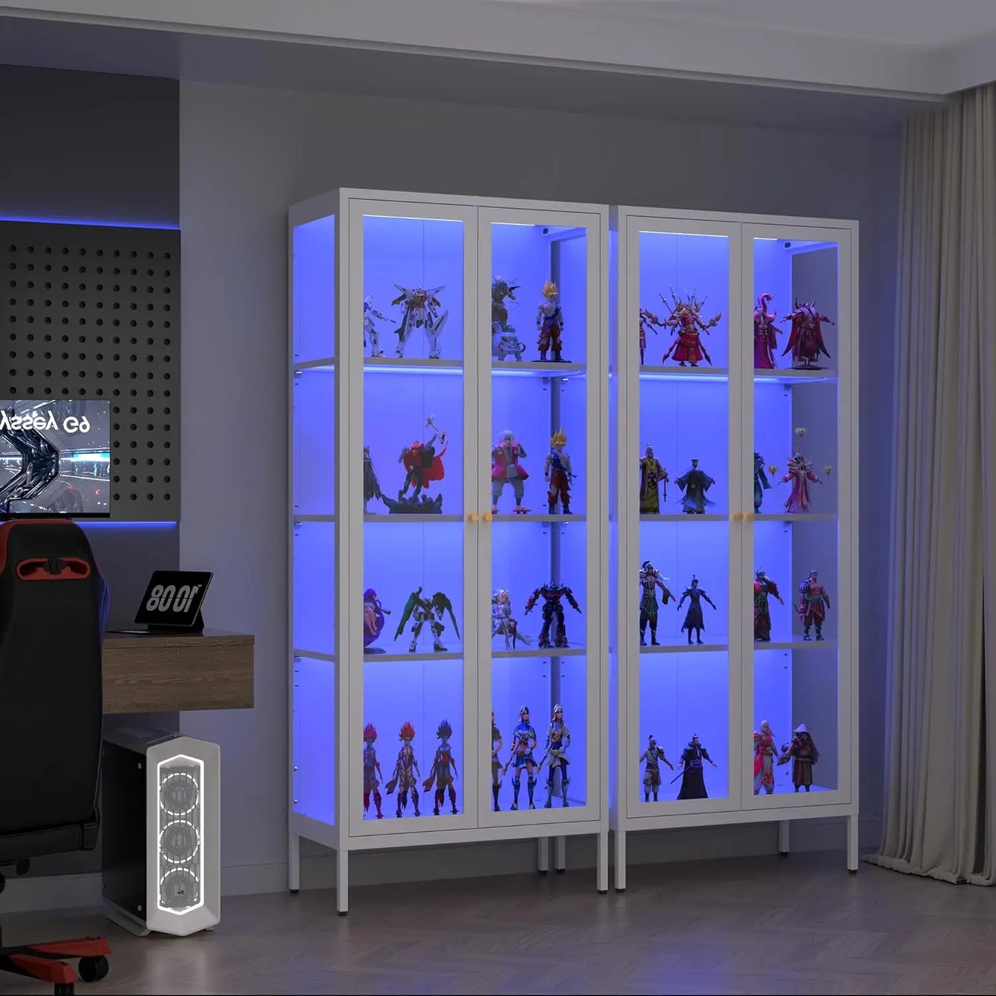Display Cabinet with 3 Color LED Lights and Tempered Glass, 66 Inch Tall With 3 Sided Glass, White