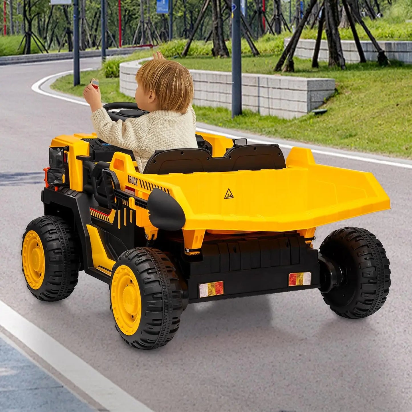 24v Ride on Dump Truck with Remote Control and Extra Shovel, 3 Speeds, Music, Safety Belt