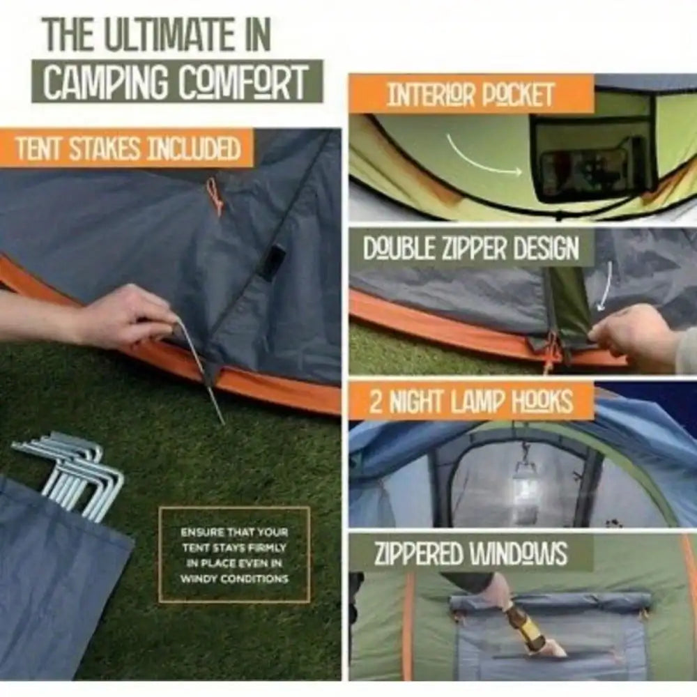 Camping Tent: 4-Person Easy Pop Up Tent with 2 Doors - UPF50+ Waterproof
