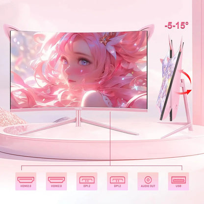 27 inch Curved Pink Monitor QHD 165hz 1800R Gaming Display HDR10 Free-Sync Desktop Screen 1ms GTG  With Speakers Tilt Adjustable