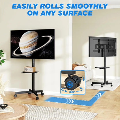 Universal Rolling TV Stand with Shelf for 23-65 inch TVs up to 88lbs, Adjustable Height & Tilt, Silent Wheels