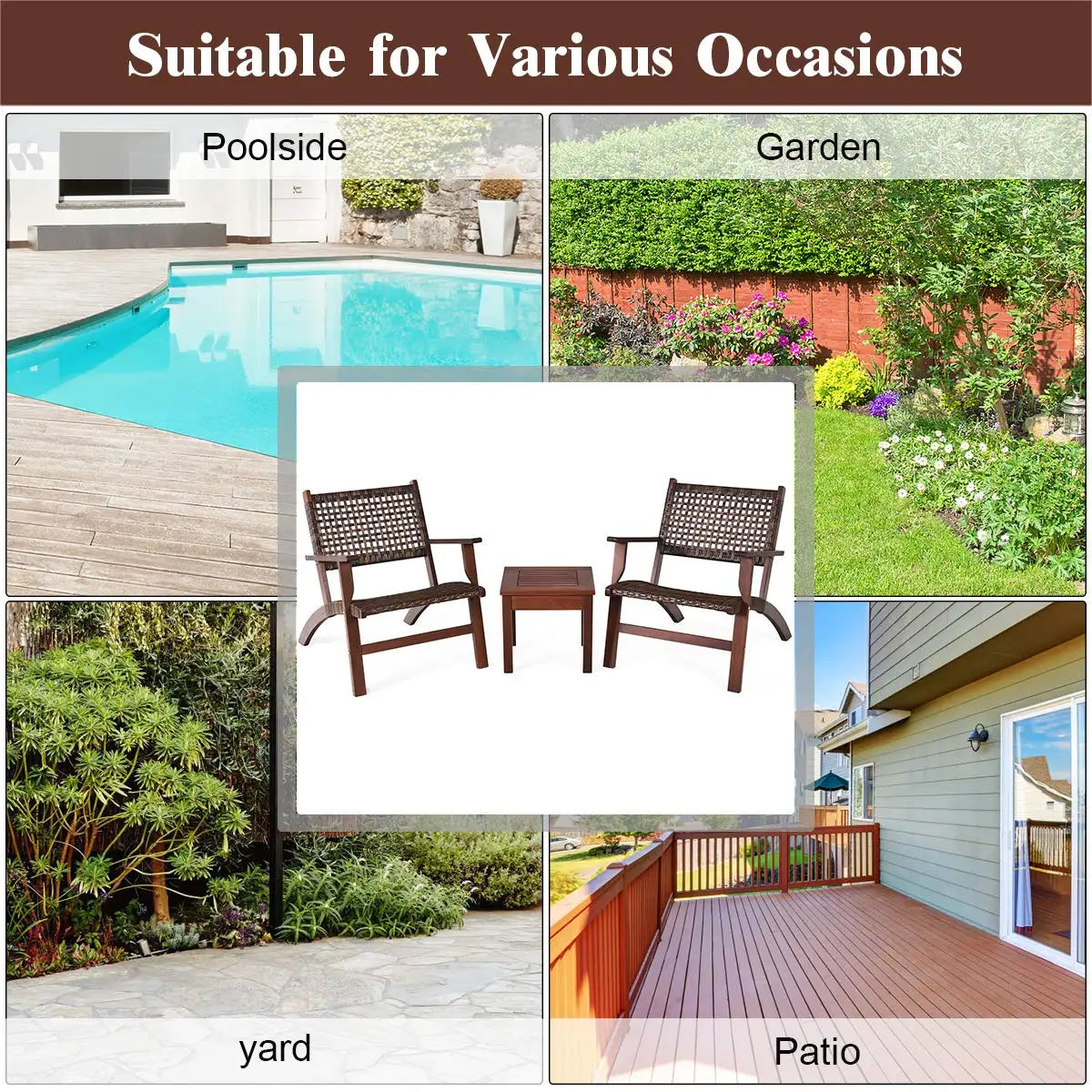 3 Pieces Solid Eucalyptus Wood Frame Outdoor Wicker Furniture Bistro Set with Coffee Table, Rattan Furniture