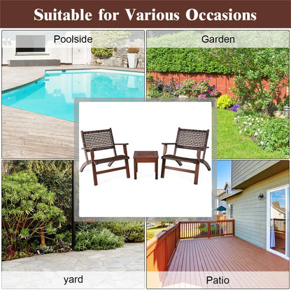 3 Pieces Solid Eucalyptus Wood Frame Outdoor Wicker Furniture Bistro Set with Coffee Table, Rattan Furniture