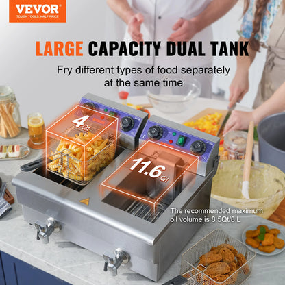 Electric Deep Fryer w/Dual Removable Tanks 12L 5000W Commercial Countertop  Fryer for Commercial Use.